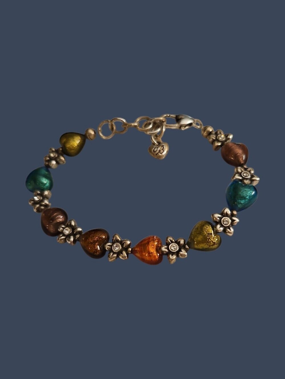 BRIGHTON Rare Multicolor Foil Glass Heart & Crystal Flower Beaded Bracelet